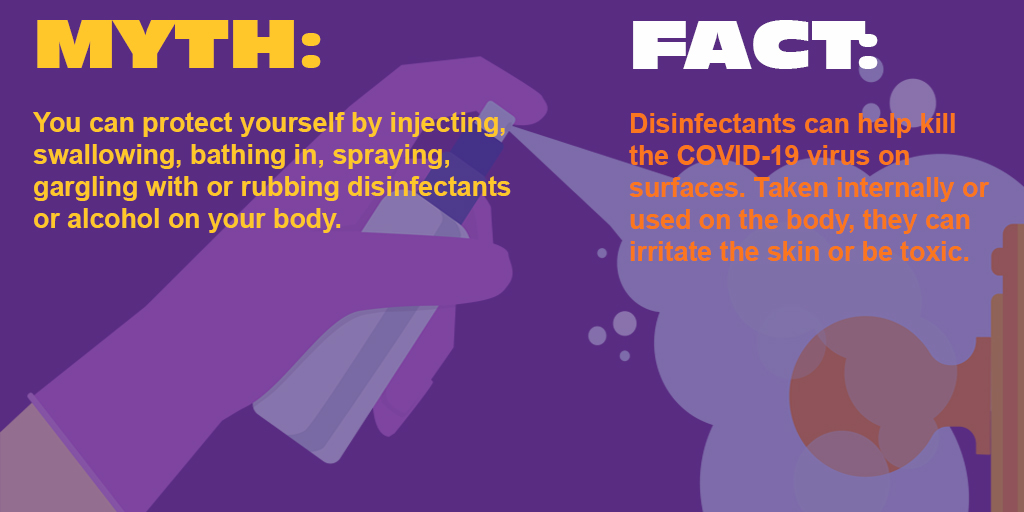 FACT: Disinfectants can help kill the COVID-19 virus on surfaces. Taken internally or used on the body, they can irritate the skin or be toxic